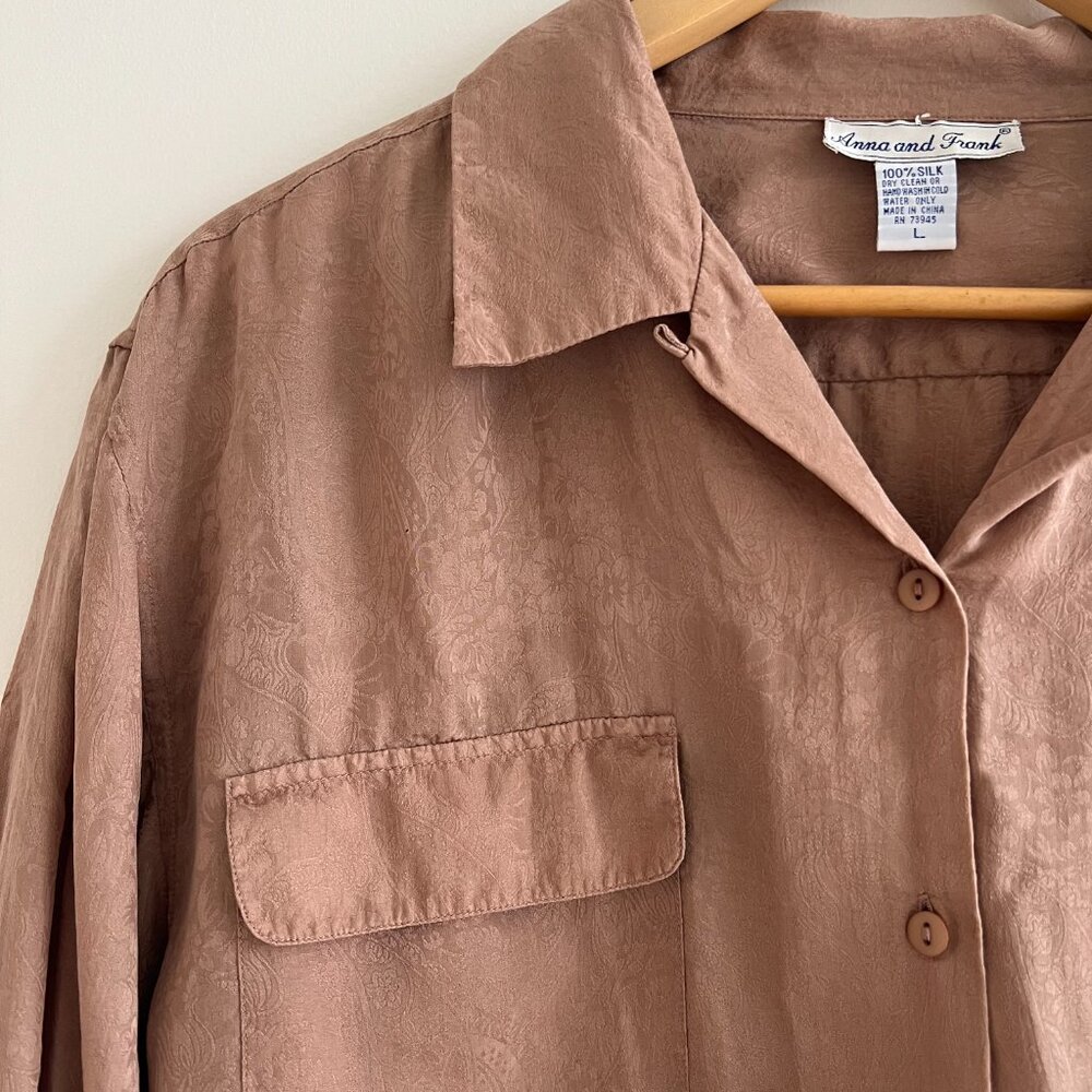 Vintage 100% Silk Jacquard Button Down Blouse Neutral Minimalist Quiet Luxury - Picture 5 of 9